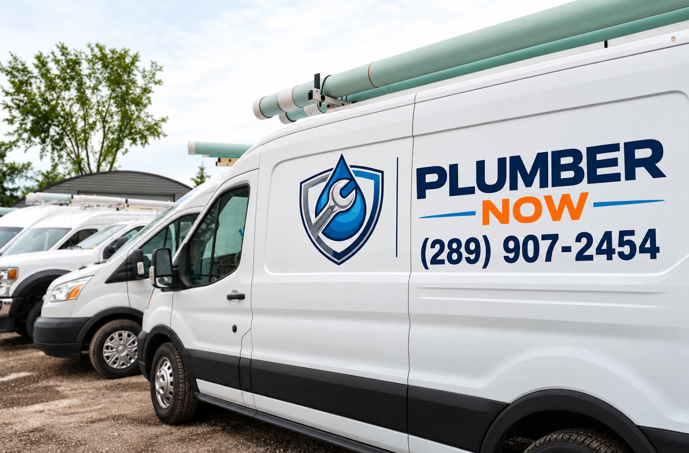 Plumber Now service vans ready for plumbing calls across Southern Ontario